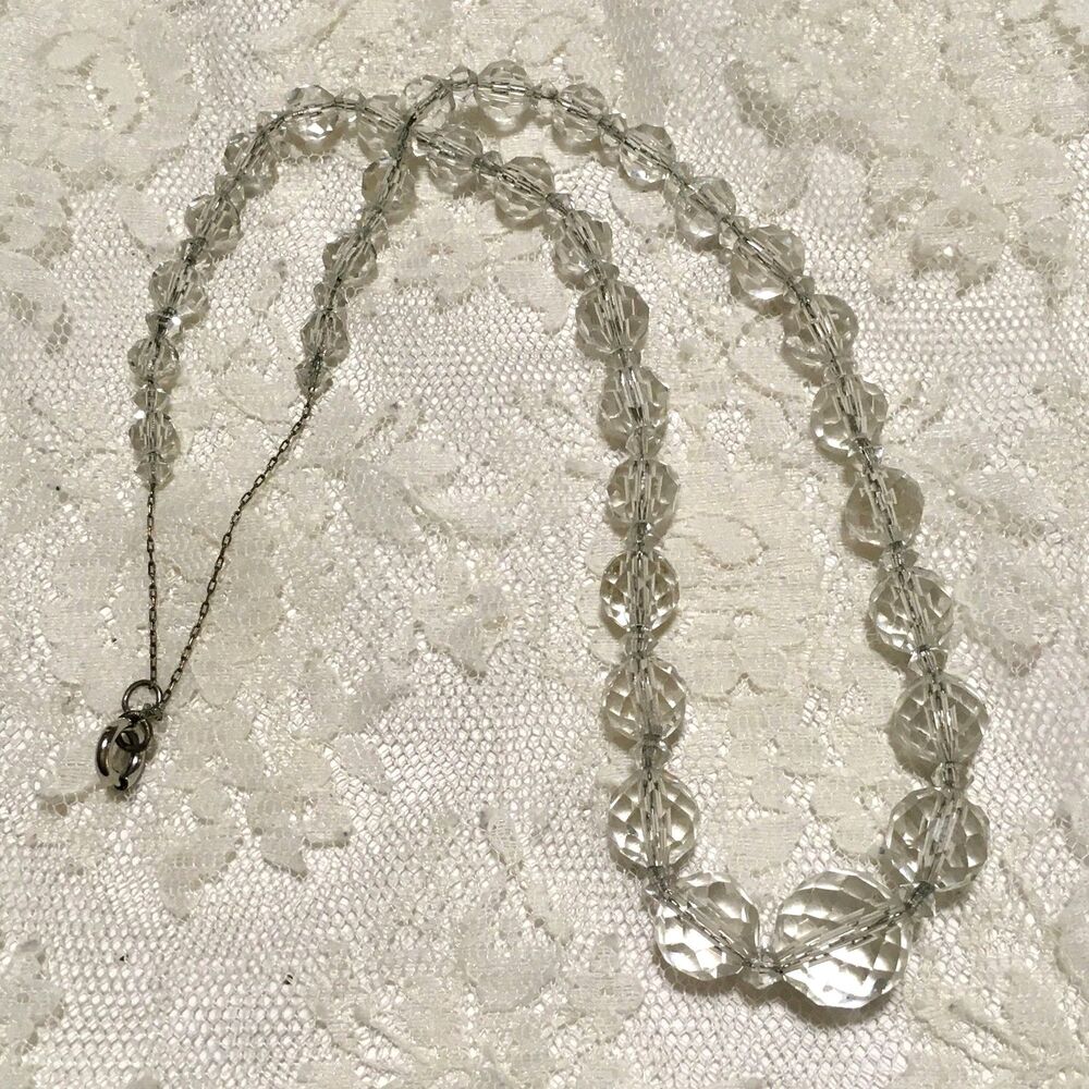 Vintage Crystal Bead Necklace Chain Strand Round Faceted Beads Art Deco